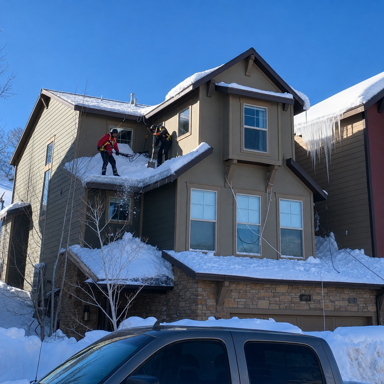 Amigos crew clearing heavy snow off a roof in Heber Valley, Utah