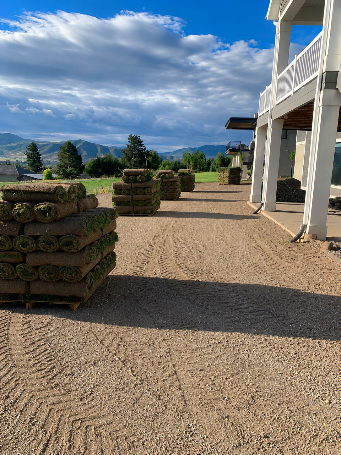 Pallets of sod staged for installation on an Amigos landscaping project with mountain views, Utah
