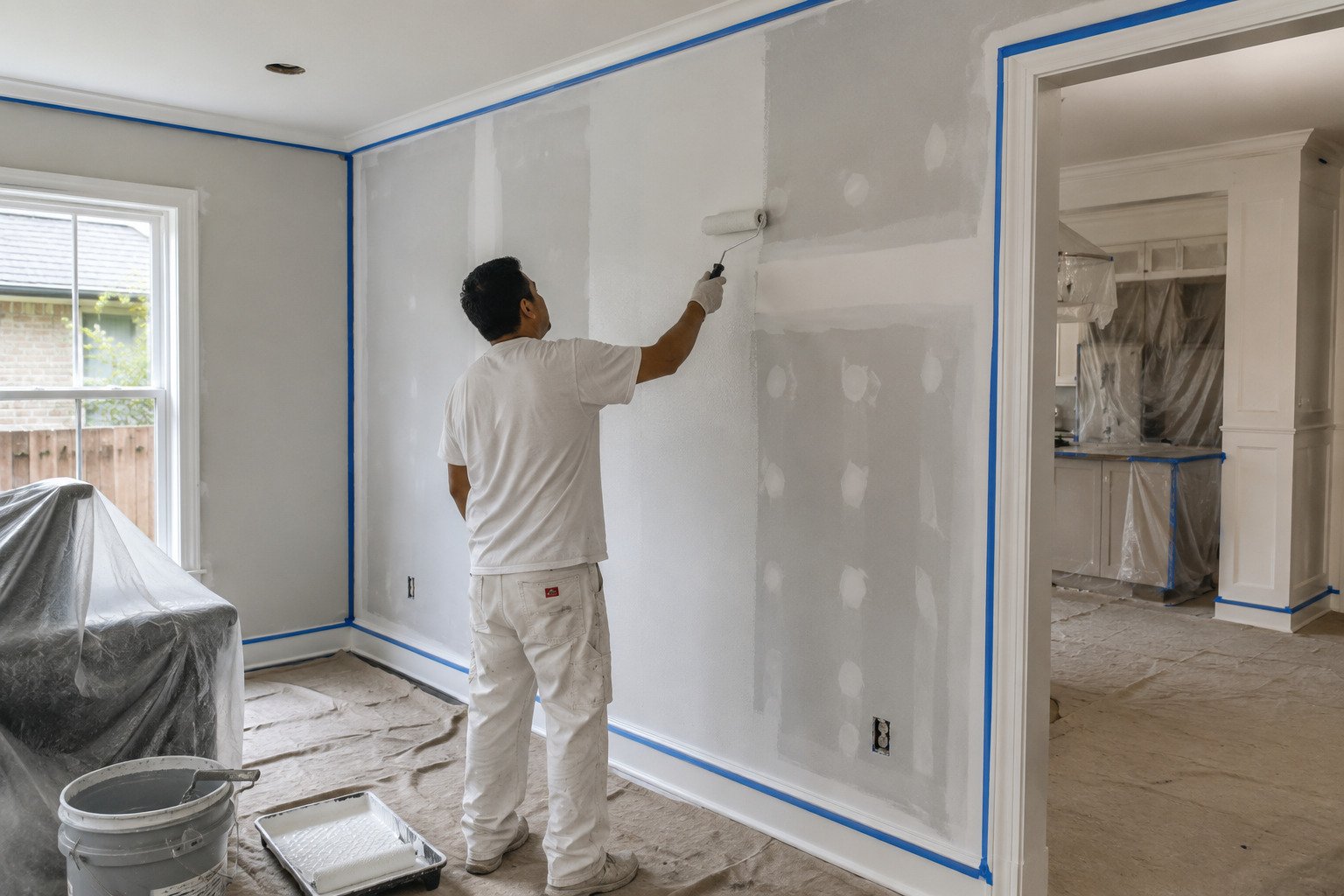 Amigos crew rolling paint on an interior wall during a home renovation in Heber Valley, Utah