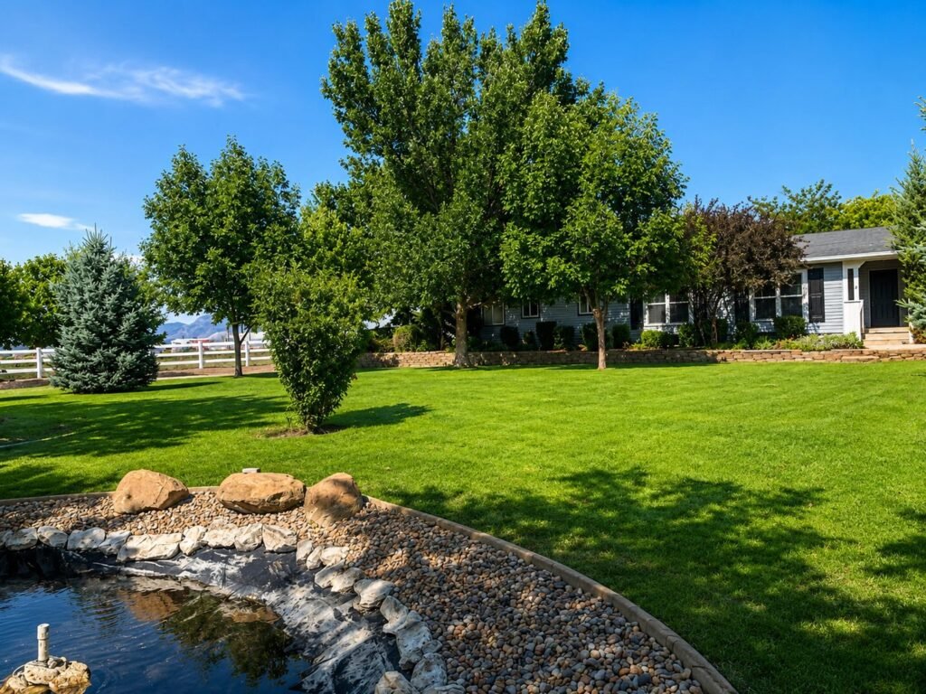 Backyard landscaping in Heber City, Utah with a rock-edged pond, river rock beds, a stacked stone retaining wall, mature shade trees, and a healthy green lawn