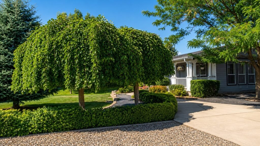 Manicured front-yard landscaping completed by Amigos in Heber Valley, Utah