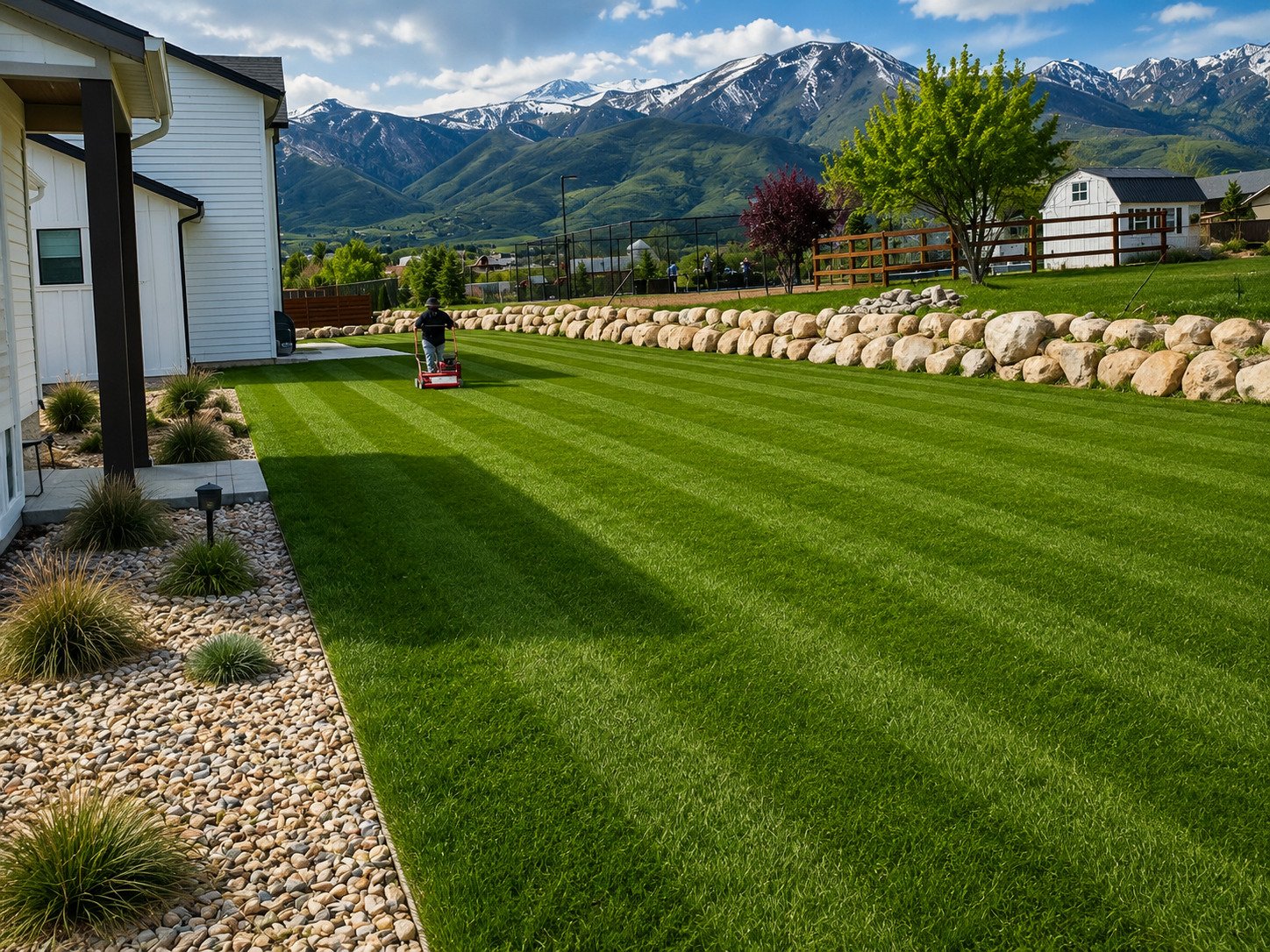 Professionally landscaped Amigos property with a striped lawn, boulder retaining wall, and mountain views in Heber Valley, Utah
