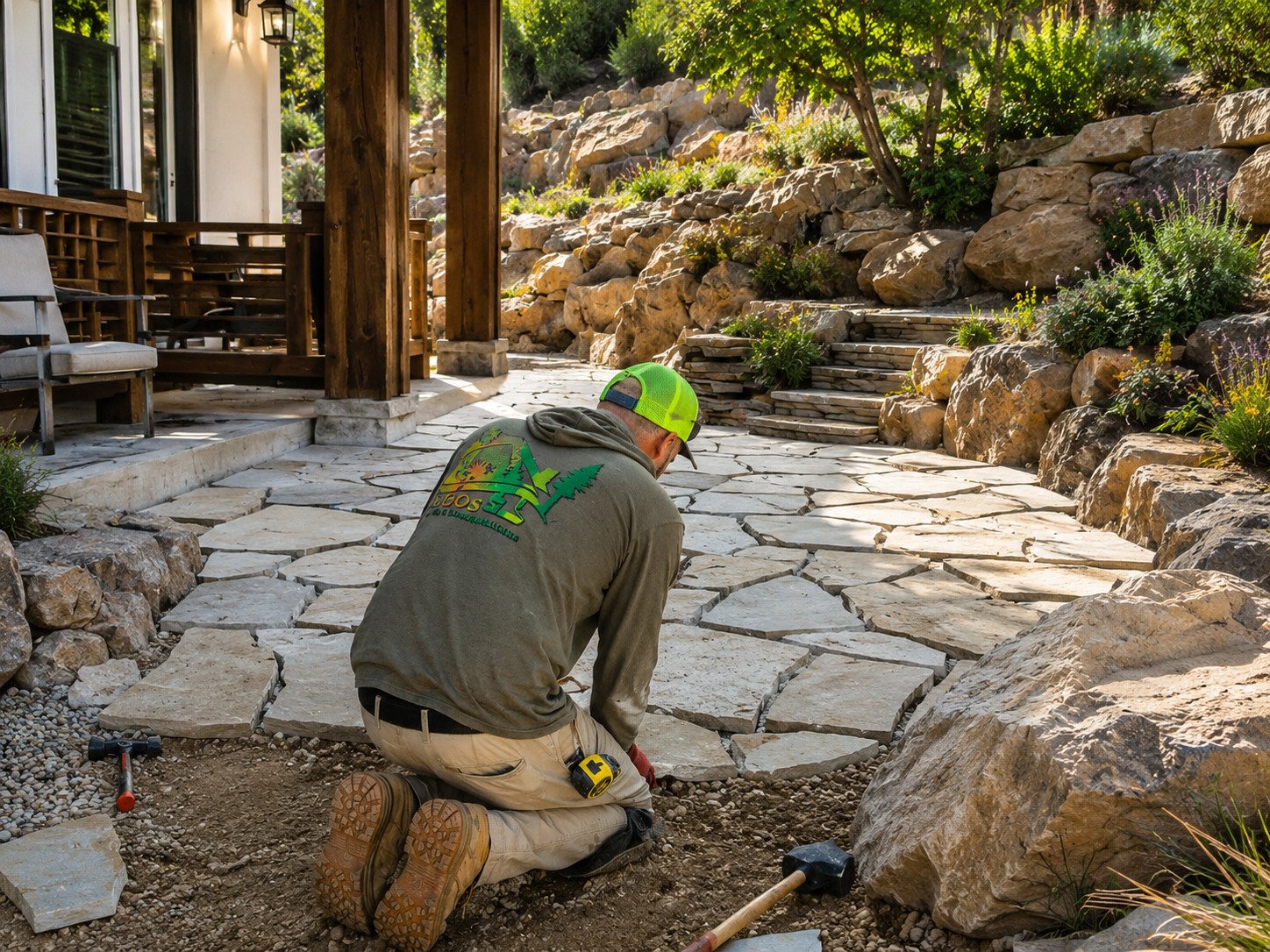 Amigos crew installing a custom paver patio in Midway, Utah