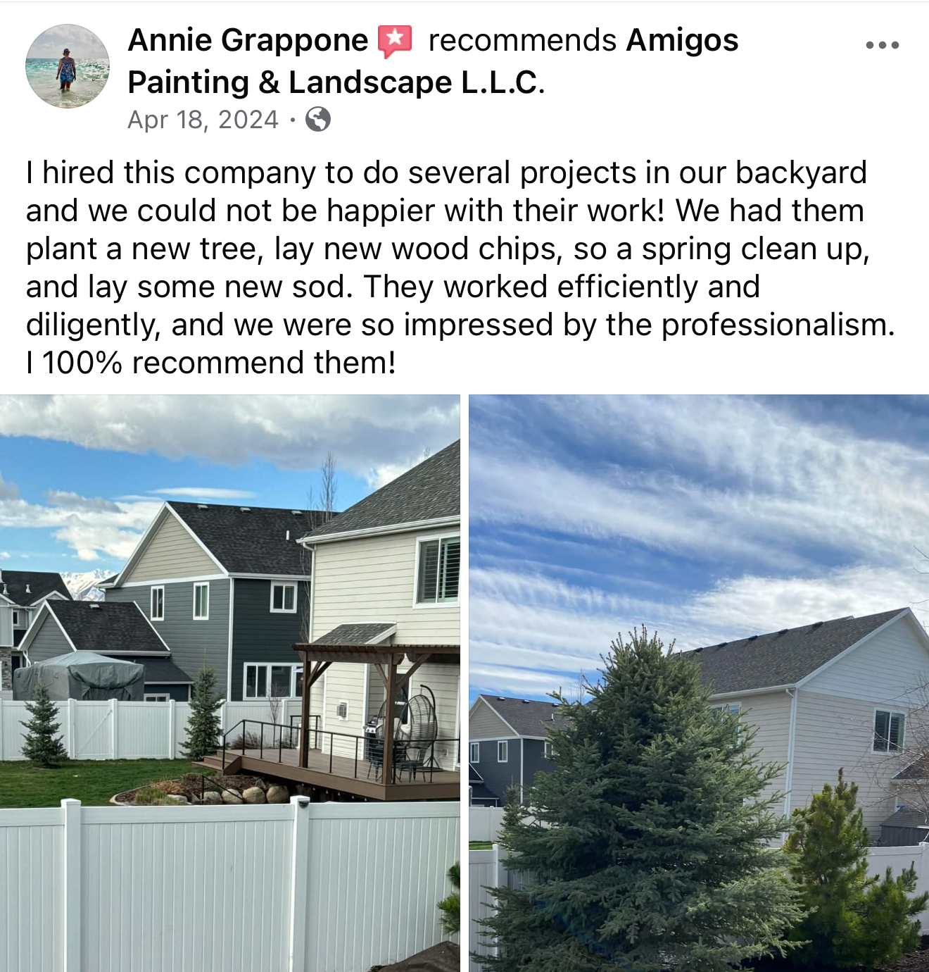 Facebook review from Annie Grappone: I hired this company to do several projects in our backyard and we could not be happier with their work! We had them plant a new tree, lay new wood chips, so a spring clean up, and lay some new sod. They worked efficiently and diligently, and we were so impressed by the professionalism. I 100% recommend them!