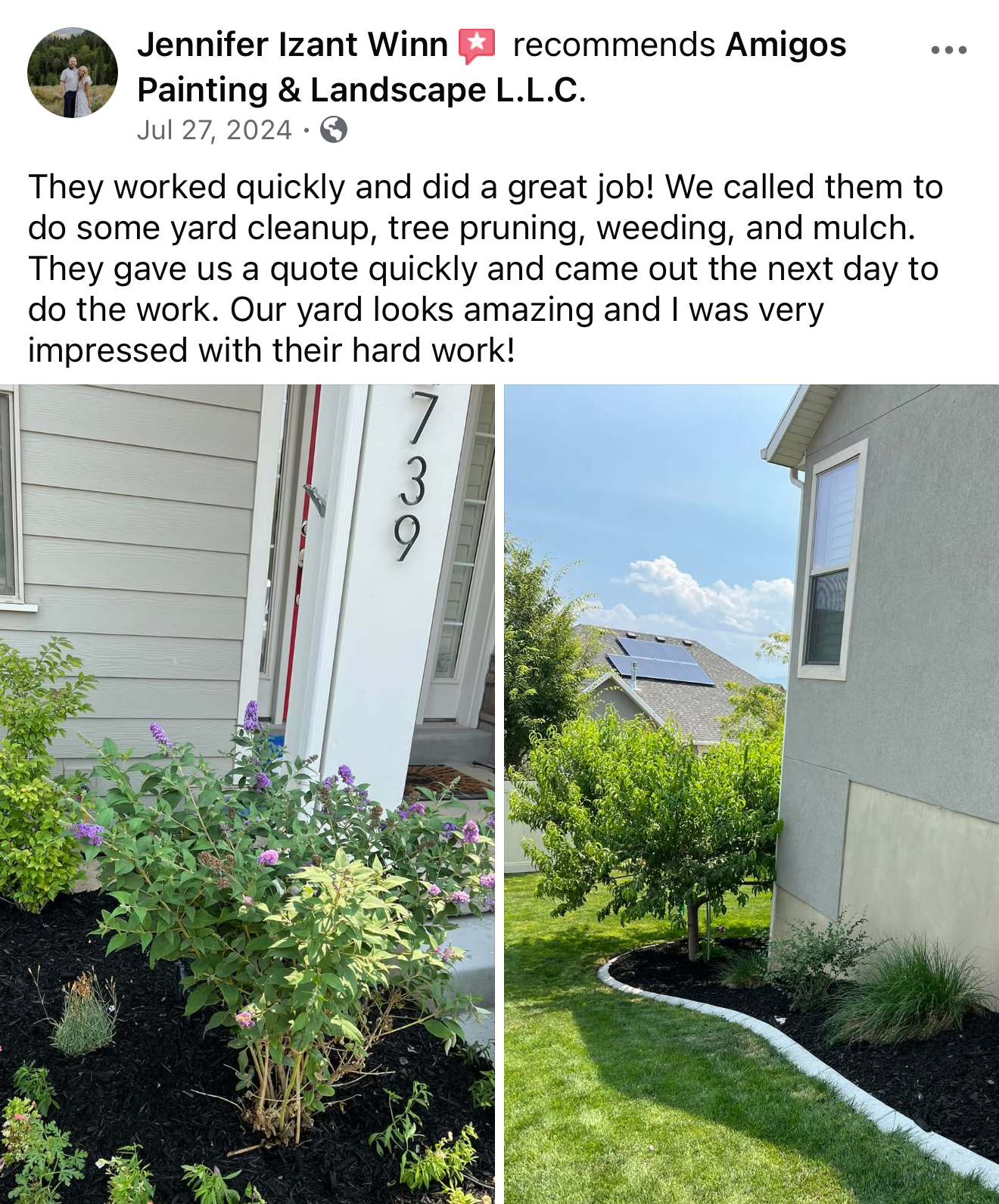 Facebook review from Jennifer Izant Winn: They worked quickly and did a great job! We called them to do some yard cleanup, tree pruning, weeding, and mulch. They gave us a quote quickly and came out the next day to do the work. Our yard looks amazing and I was very impressed with their hard work!