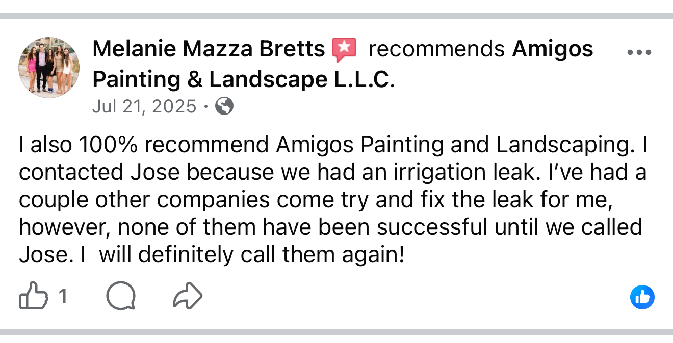 Facebook review from Melanie Mazza Bretts: I also 100% recommend Amigos Painting and Landscaping. I contacted Jose because we had an irrigation leak. I've had a couple other companies come try and fix the leak for me, however, none of them have been successful until we called Jose. I will definitely call them again!