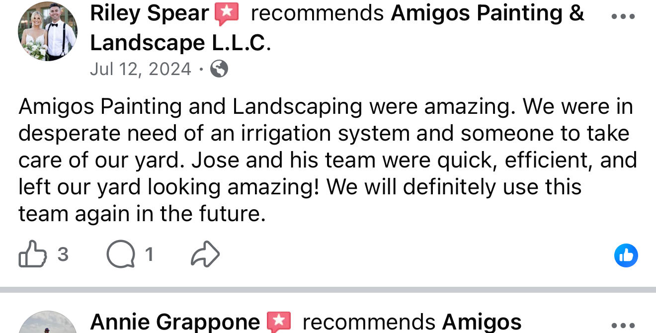 Facebook review from Riley Spear: Amigos Painting and Landscaping were amazing. We were in desperate need of an irrigation system and someone to take care of our yard. Jose and his team were quick, efficient, and left our yard looking amazing! We will definitely use this team again in the future.